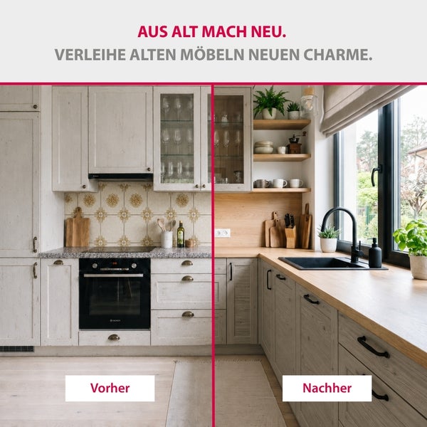 Vorher-Nachher-Vergleich einer Küchenrenovierung: Alte Schränke mit neuen Griffen, Arbeitsplatte in Holzoptik, moderner Spüle und neuer Rückwand.