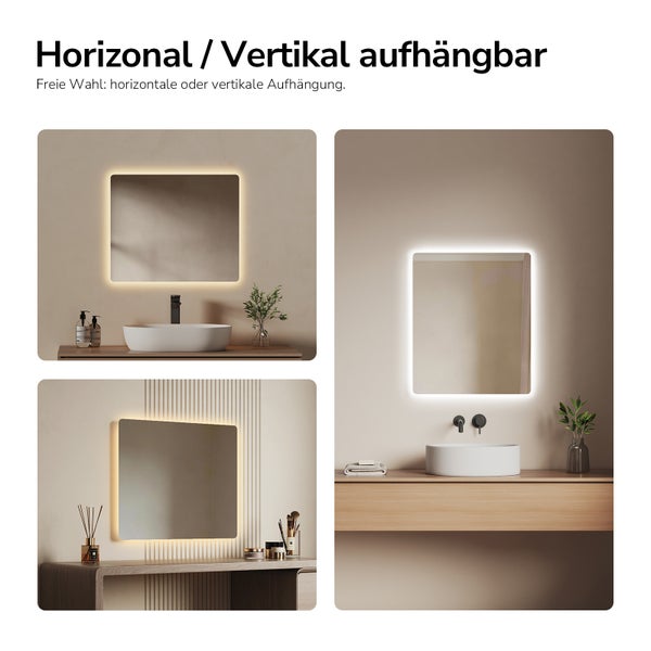 Verschiedene Badezimmeransichten mit einem rechteckigen Spiegel mit LED-Beleuchtung, der horizontal oder vertikal aufgehängt werden kann