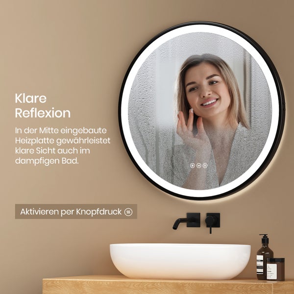 EMKE Badspiegel mit Beleuchtung LED-Spiegel mit Touchschalter ф60cm,  rund, Anti-Beschlag, 3 dimmbare Lichtfarben