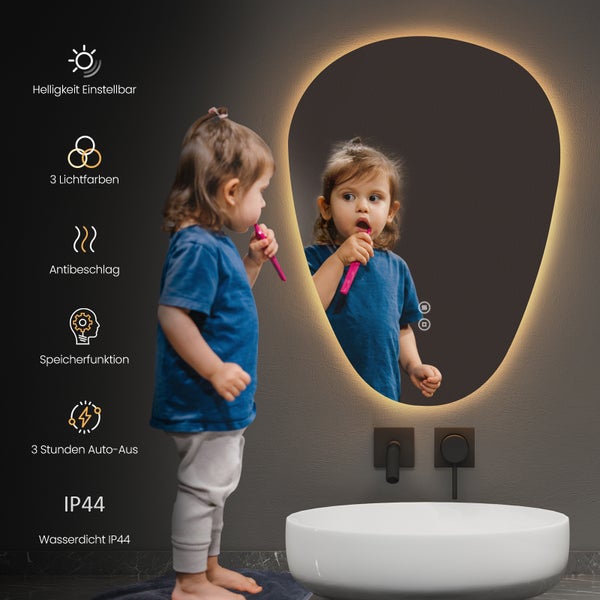 EMKE LED Badspiegel 80x60 cm, asymmetrisches Design, 3 dimmbare Lichtfarben & Helligkeit einstellbar, beschlagfrei, Memory-Funktion, horizontal & vertikal montierbar, IP44, für Bad