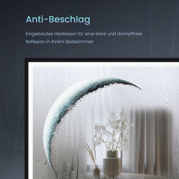 EMKE Badspiegel mit Beleuchtung 60x60 cm, Kaltweiß, Quadratischer Dekospiegel mit Touchschalter, Anti-Beschlag, Schwarzer Rahmen, Mond-Design