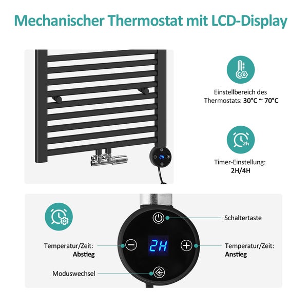 EMKE Heizstab Badheizkörper 300W mit Thermostat & LCD Display, Edelstahl, IP44, Timer & Schlafmodus, Schwarz, 380×60×40 mm