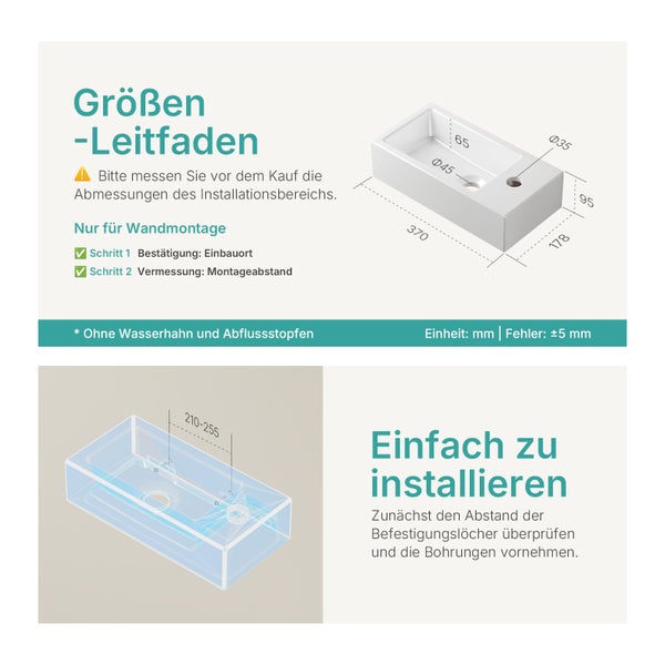 EMKE Waschbecken Keramik 370 × 178 mm, Rechteck, glänzend Weiß, Höhe 95 mm, mit Bohrung rechts für Wasserhahn, Wandmontage, Handwaschbecken, Wandwaschbecken für Badezimmer und Gäste-WC