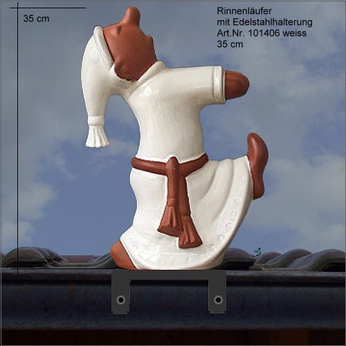 Rinnenläufer aus Keramik, 35 Zentimeter hoch, dekorative Dachfigur in Form eines Männchens im Nachthemd mit Edelstahlhalterung.