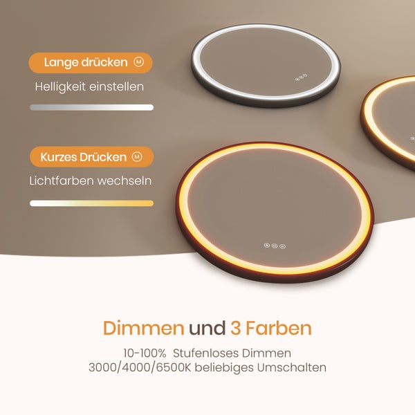 EMKE Badspiegel mit Beleuchtung Ø70 cm, 3 dimmbare Lichtfarben, Antibeschlag, mit Touch-Schalter, IP44, mit Dekorrahmen, für Badezimmer