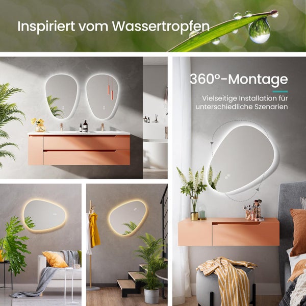 EMKE LED Badspiegel mit Beleuchtung 70x50 cm, dimmbar in 3 Lichtfarben, Anti-Beschlag, Touch-Schalter mit Memory-Funktion, IP44, horizontal & vertikal montierbar