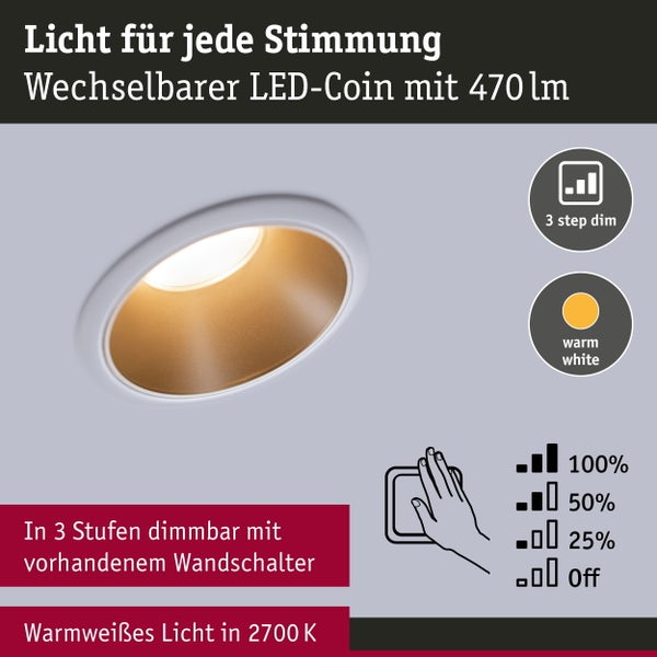 LED Einbauleuchte 3-Step-Dim Cole Coin 1er-Set IP44 rund 88mm Coin 6W 470lm 230V dimmbar 2700K Weiß, Gold matt