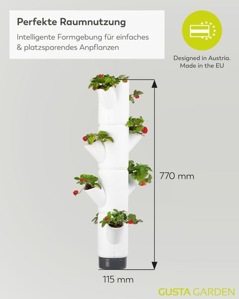 Weiße vertikale Pflanzsäule Gusta Garden, Höhe 770 Millimeter, Breite 115 Millimeter, entwickelt in Österreich, Gusta Garden Logo.