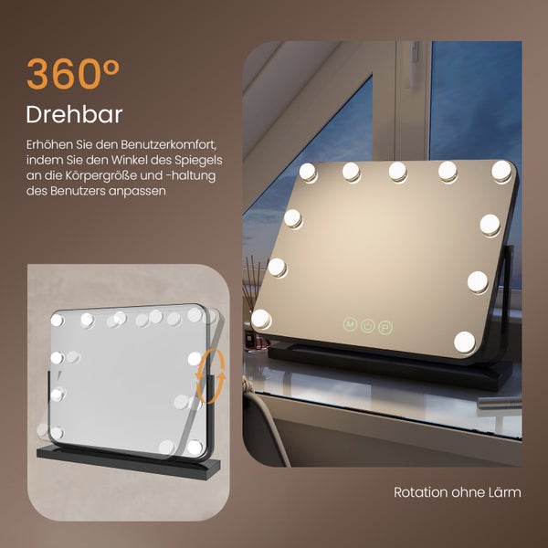 EMKE Hollywood Kosmetikspiegel mit Beleuchtung 600x516 mm, Tischspiegel mit Touchschalter, 14 dimmbare LEDs, 3 Lichtfarben, 7x Vergrößerung, Memory-Funktion, 360° drehbar, Schwarz
