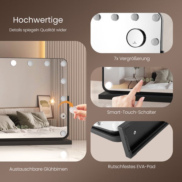 EMKE Hollywood Kosmetikspiegel mit Beleuchtung 600x516 mm, Tischspiegel mit Touchschalter, 14 dimmbare LEDs, 3 Lichtfarben, 7x Vergrößerung, Memory-Funktion, 360° drehbar, Schwarz