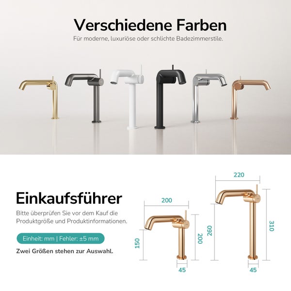 Verschiedenfarbige Waschtischarmaturen für Badezimmer mit Maßangaben.