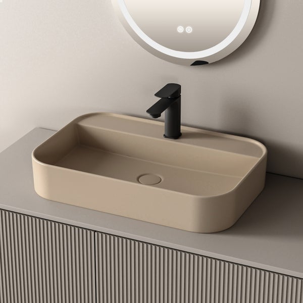 EMKE Waschbecken 60x40 cm, Keramik Matt-Beige, Wand- oder Aufsatzmontage, Mit Hahnloch, R-Kantenschutz, für Badezimmer
