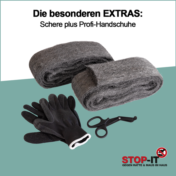 Nagerschutz-Set mit zwei Rollen Stahlwolle, schwarzen Profi-Handschuhen und einer Schere.