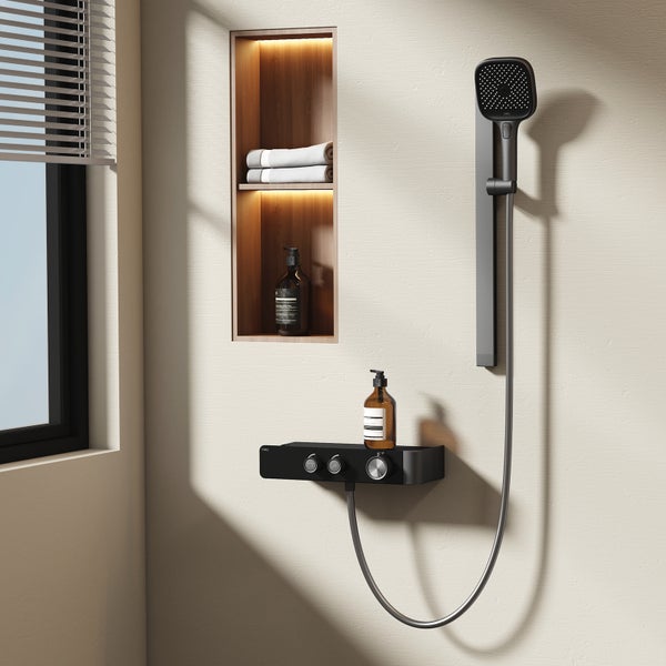 EMKE Duschsystem mit 2 Wasserabläufen, Duschkopf & Handbrause mit 3 Funktionen, 355 mm langer Auslauf, matt anthrazit, modernes Design, 355×150×1150 mm