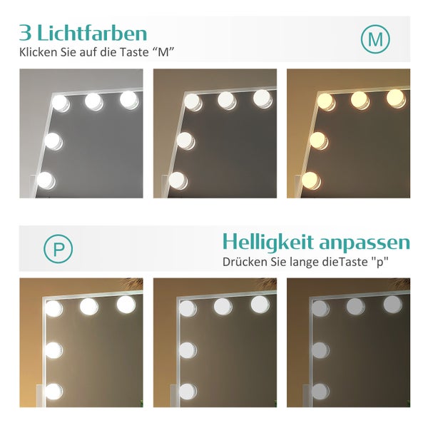 EMKE Hollywood Kosmetikspiegel mit Beleuchtung 365x475 mm, LED Schminkspiegel mit Metallrahmen, 7x Vergrößerung, 12 dimmbare Lichtquellen, 3 Lichtfarben, Memory-Funktion, 360° drehbar, Weiß – für Schminktisch & Schlafzimmer