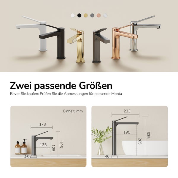 Verschiedene Waschtischarmaturen in diversen Ausführungen und eine Darstellung der Produktabmessungen.