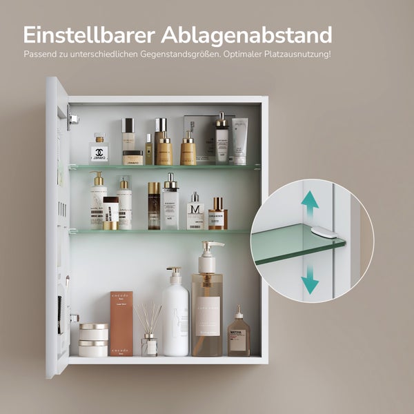 Offener Spiegelschrank mit verstellbaren Glasablagen zur Aufbewahrung von Kosmetikprodukten