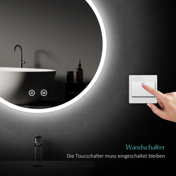 EMKE Badspiegel mit Beleuchtung Ø60 cm, rund, LED Wandspiegel, Touch-Schalter, dimmbar, Anti-Beschlag, 4 mm Glas, Memory, satiniert, rostfrei, für Badezimmer