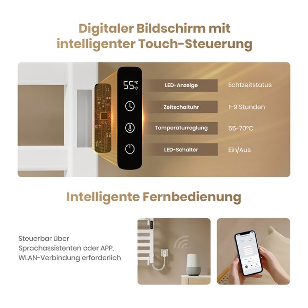 Intelligenter Handtuchwärmer mit digitalem Bildschirm, Touchsteuerung, LED-Anzeige, Zeitschaltuhr, Temperaturregelung, LED-Schalter und intelligenter Fernbedienung mit Steuerung über Sprachassistenten oder App.