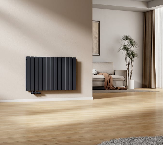 Modernes Wohnzimmer mit grauem Heizkörper an der Wand, Sofa und Zimmerpflanze