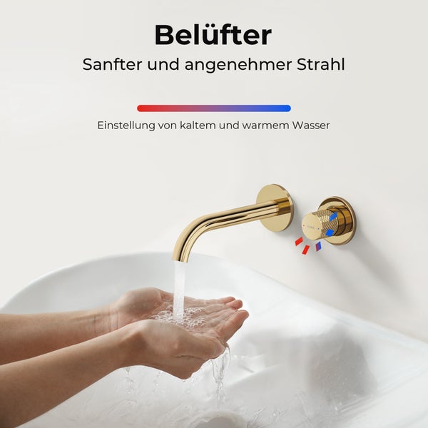 Wandmontierte Armatur in Gold mit Wasserstrahl und Bedienung