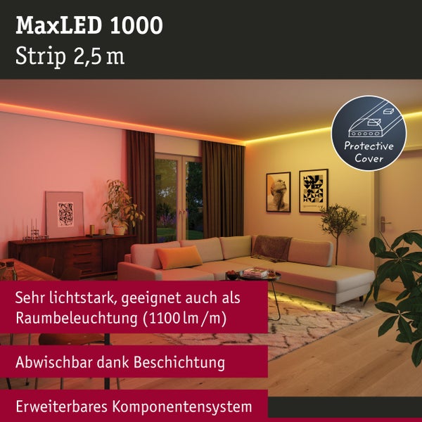 MaxLED 1000 LED-Strip 2,5 m in Wohnzimmerumgebung mit Möbelszene und Schutzabdeckung