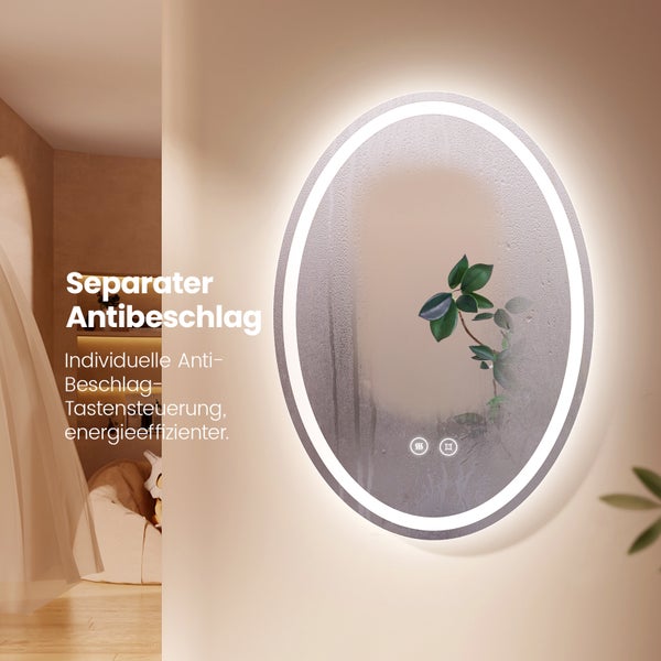 EMKE Badspiegel mit Beleuchtung 60x80 cm, Warmlicht/Neutrallicht/Kaltweiß, Anti-Beschlag-Funktion, Kupferfreier Rostschutz-Spiegel, Touchscreen-Steuerung,  IP44, Ovaler Wandspiegel