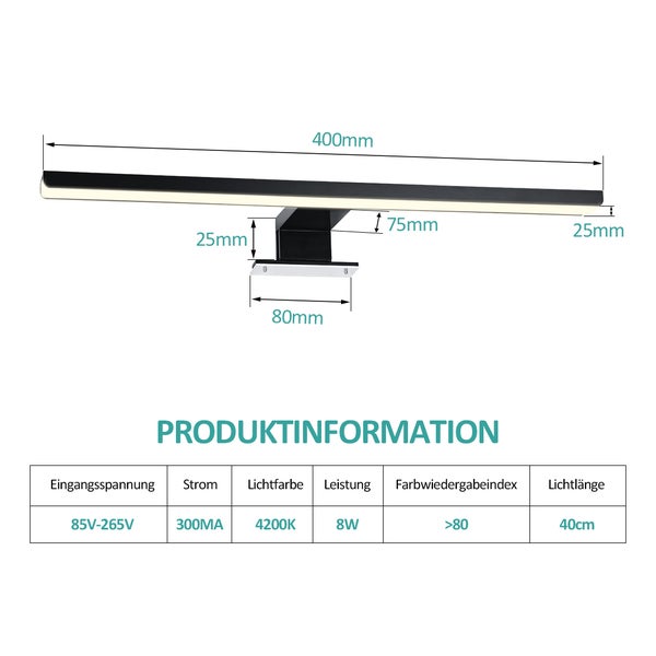 EMKE Spiegelleuchte LED Spiegelleuchte 40cm Spiegellampen für Badezimmer IP44 Schrankleuchte, Schwarz, Neutral Licht 4200K