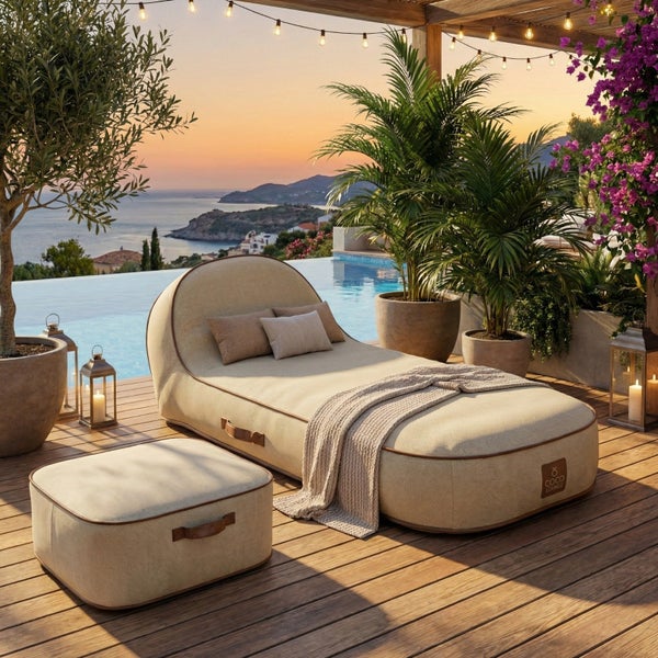 Loungeliege und Hocker aus beigem Textil auf einer Holzterrasse am Pool mit Palmen und Meerblick bei Sonnenuntergang. Coco Lounge Logo sichtbar.