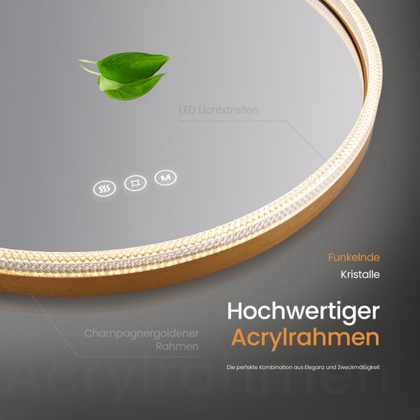 Runder Spiegel mit LED-Lichtstreifen, Kristallen und champagnergoldenem Acrylrahmen