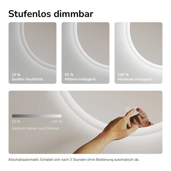 Grafik zur stufenlosen Dimmbarkeit eines Spiegels mit Leuchtfunktion, einstellbar von zehn bis einhundert Prozent Helligkeit mittels Touch-Bedienung.
