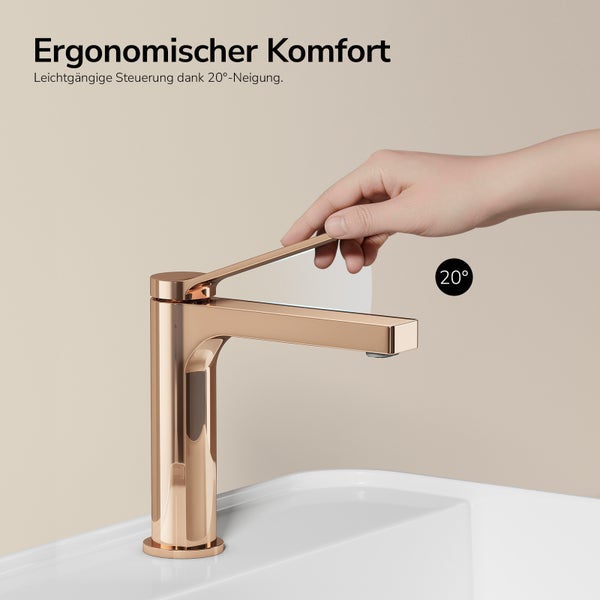Hand bedient Waschtischarmatur in Roségold mit einer 20-Grad-Hebelneigung für ergonomischen Komfort.