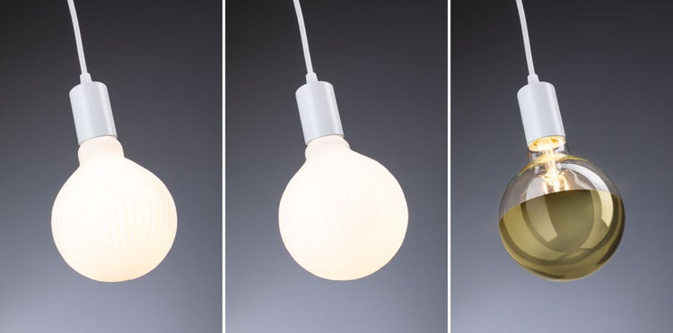 Drei Ansichten einer dekorativen Leuchte mit weissem Kabel und Fassung