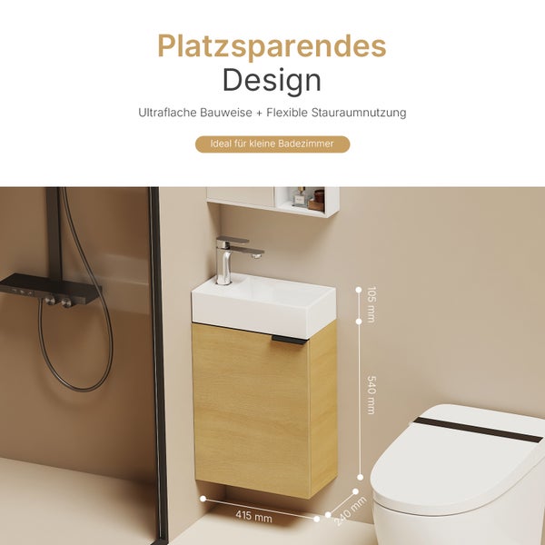 Waschtisch mit Unterschrank und Armatur im Badezimmer