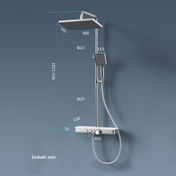 EMKE Duschsystem mit Thermostat 38 °C, 3 Strahlart(en), Überkopfbrause, Handbrause mit 3 Funktionen, unterer Wasserauslass, Verbrühungsschutz, Wandmontage, 114,6 × 45 × 48 cm, Chrom