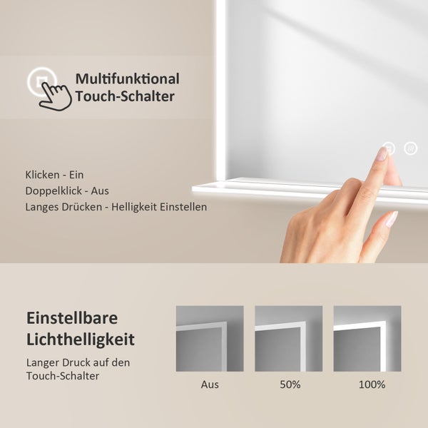 EMKE LED Badspiegel mit Ablage 80x60 cm, Kaltweiß, dimmbar, Touch-Schalter, Anti-Beschlag, mattierte Kanten, IP44, für Badezimmer geeignet