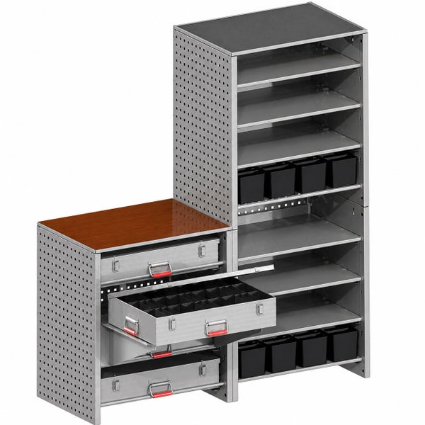 Modulares Werkstatt-Regalsystem aus Metall mit Schubladen, Fachböden, Sichtlagerkästen und gelochten Seitenwänden.