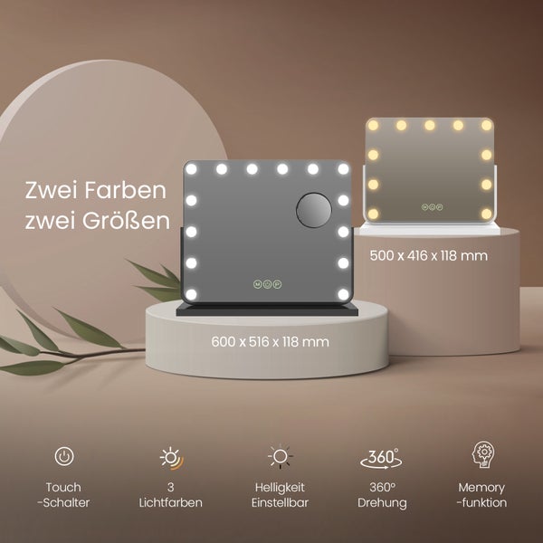 EMKE Hollywood Kosmetikspiegel mit Beleuchtung 600x516 mm, Tischspiegel mit Touchschalter, 14 dimmbare LEDs, 3 Lichtfarben, 7x Vergrößerung, Memory-Funktion, 360° drehbar, Weiß