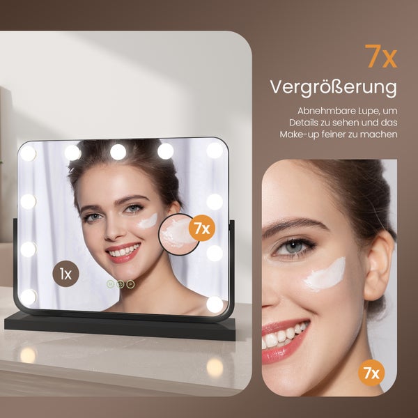 EMKE Hollywood Kosmetikspiegel mit Beleuchtung 600x516 mm, Tischspiegel mit Touchschalter, 14 dimmbare LEDs, 3 Lichtfarben, 7x Vergrößerung, Memory-Funktion, 360° drehbar, Schwarz