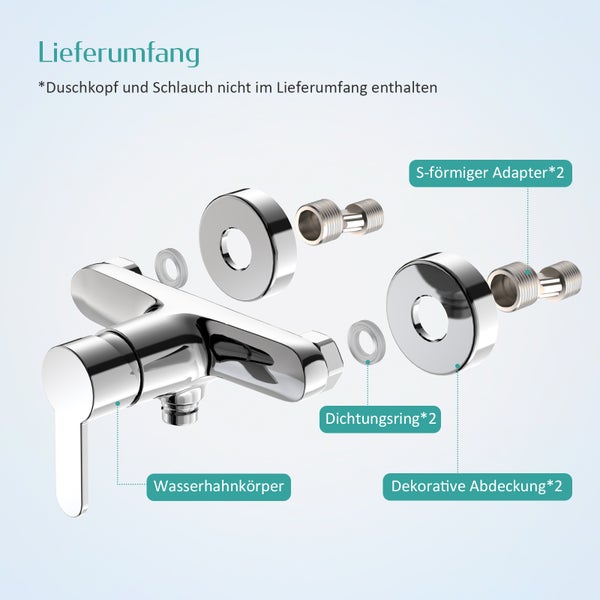 EMKE Badewannenarmatur 184 x 134 x 112 mm, G1/2 Zoll, Einhebel Wannenmischbatterie für Wandmontage, Chrom Aufputz Wasserhahn für Dusche und Badewanne
