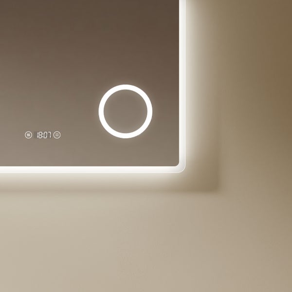 Rechteckiger Spiegel mit LED-Beleuchtung, digitaler Uhrzeitanzeige, Heizfunktion und Touchsensor