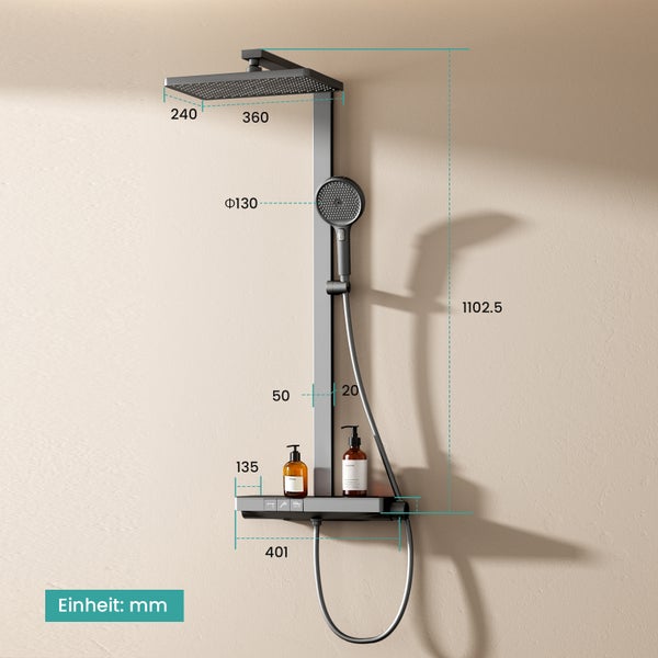 EMKE Duschsystem mit Thermostat, Duschsäule mit 40 cm thermostatischer Glasplatte, höhenverstellbarer Brausestange, Handbrause mit 4 Strahlarten & Wasserauslass, Anthrazit Matt