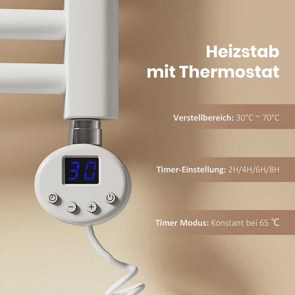 EMKE Elektrischer Badheizkörper 750×600 mm, 300 W, Runder Handtuchwärmer mit Heizstab & Thermostat, Temperaturregelbar & Timer, Weiß, für Badezimmer