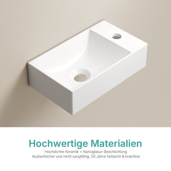 Rechteckiges Handwaschbecken aus weißer Keramik zur Wandmontage mit einem Hahnloch und einem Ablauf.