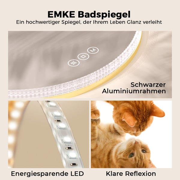 EMKE Badezimmerspiegel LED rund ф60 cm, 3 Lichtfarben, Touch & Memory-Funktion, Dimmbar, Antibeschlag, Acrylrahmen mit goldenem Rand, für Badezimmer