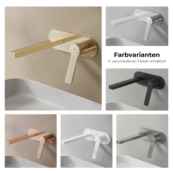 EMKE Waschtischarmatur Unterputz, Wasserhahn Bad Unterputz, 2-Loch Armatur aus Kupfer, Einhebelmischer zur Wandmontage, 288×210×70 mm, Champagne Gold, für Badezimmer Waschbecken