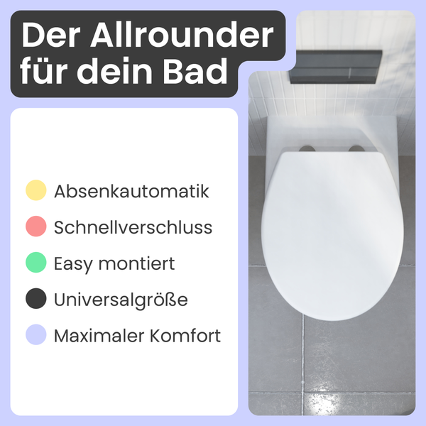 Wandhängendes WC mit WC-Sitz, Absenkautomatik, Schnellverschluss, einfache Montage, Universalgröße und hoher Komfort.