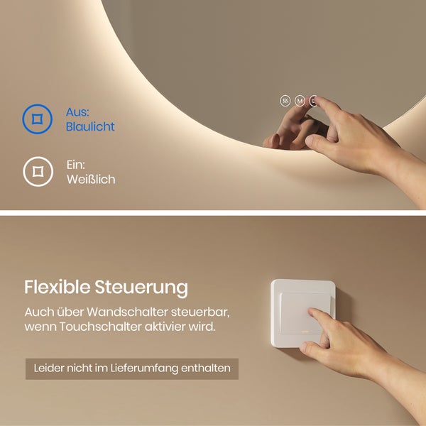 EMKE Badspiegel mit Beleuchtung LED-Spiegel mit Touchschalter ф60cm,  rund, 3 dimmbare Lichtfarben