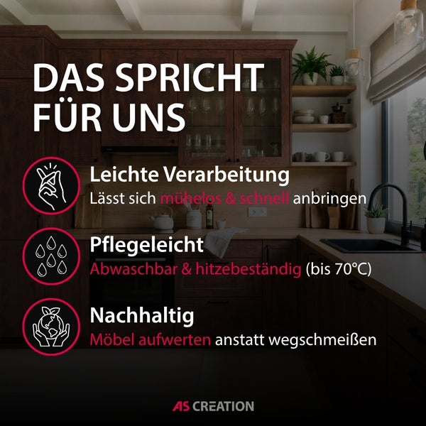 Informationsgrafik in einer Küche zeigt Vorteile von AS Creation Produkten: einfache Verarbeitung, pflegeleicht, hitzebeständig bis 70 Grad und nachhaltig. AS Creation Logo.