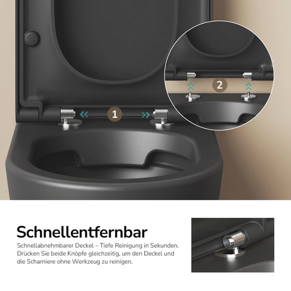 Detailansicht eines schwarzen WC Sitzes mit abnehmbarem Deckel